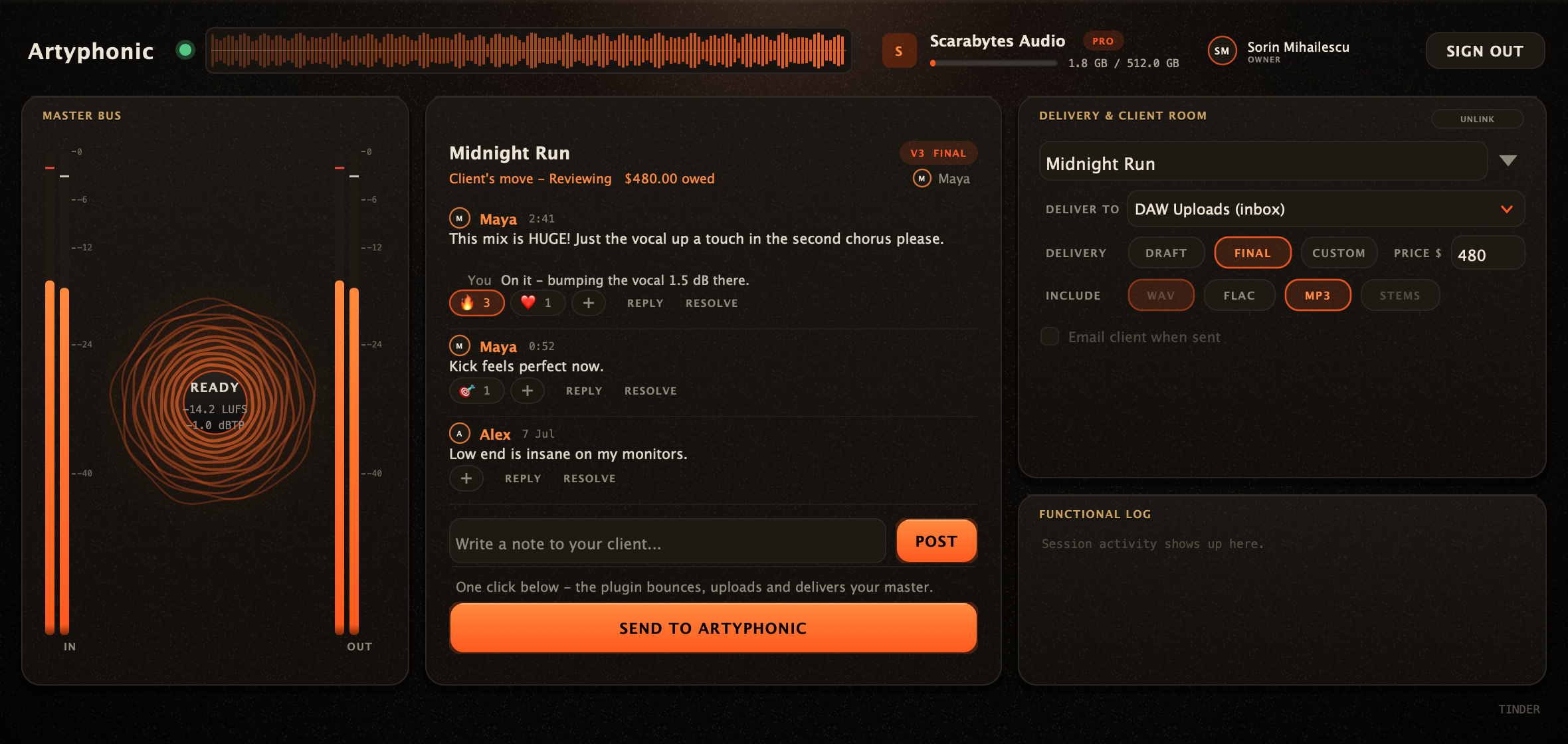 The Get-Paid Plugin console inside a DAW, delivering a master to a client room