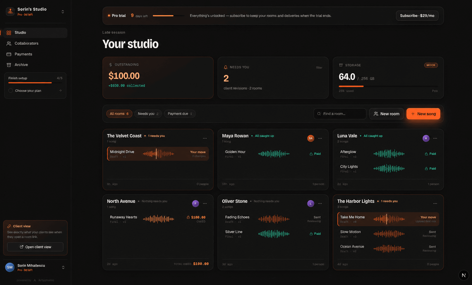 The Artyphonic studio dashboard
